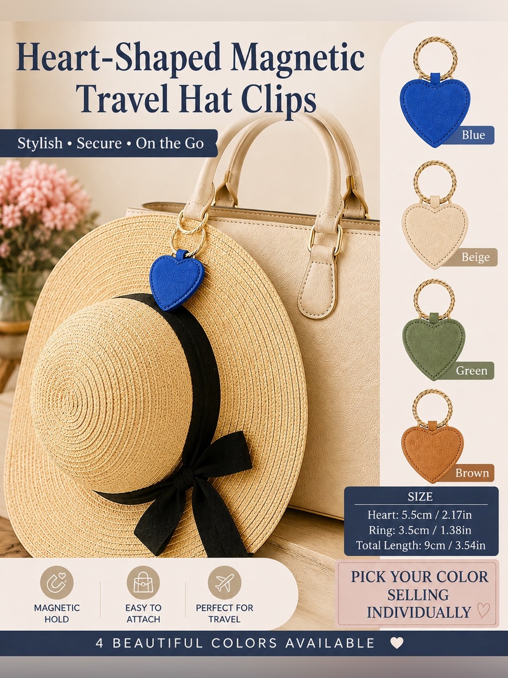 Heart-Shaped Magnetic Travel Hat Clip Keyring - PICK YOUR COLOR